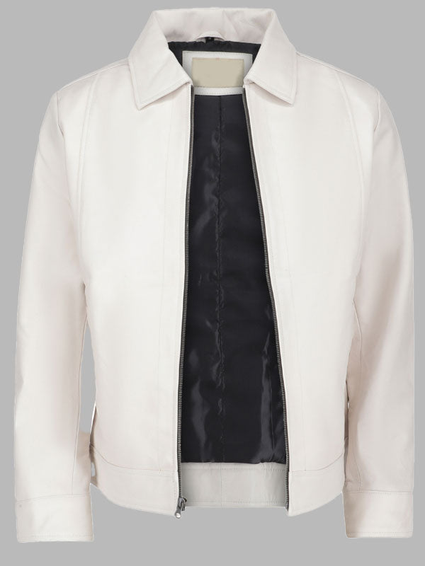 Men White Racer Leather Jacket