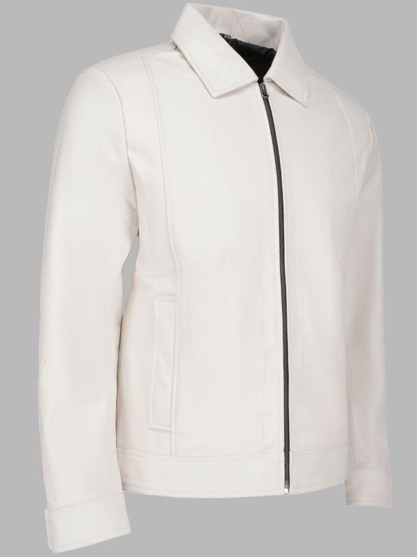 Men White Racer Leather Jacket
