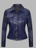 Women's Royal Blue Leather Trucker Jacket