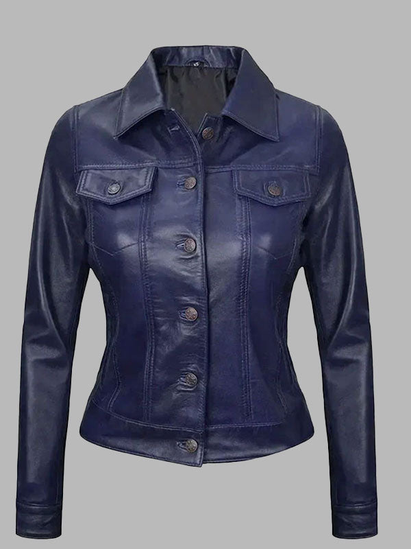 Women's Royal Blue Leather Trucker Jacket