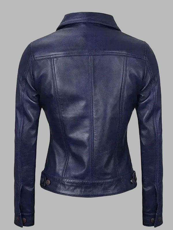 Women's Royal Blue Leather Trucker Jacket