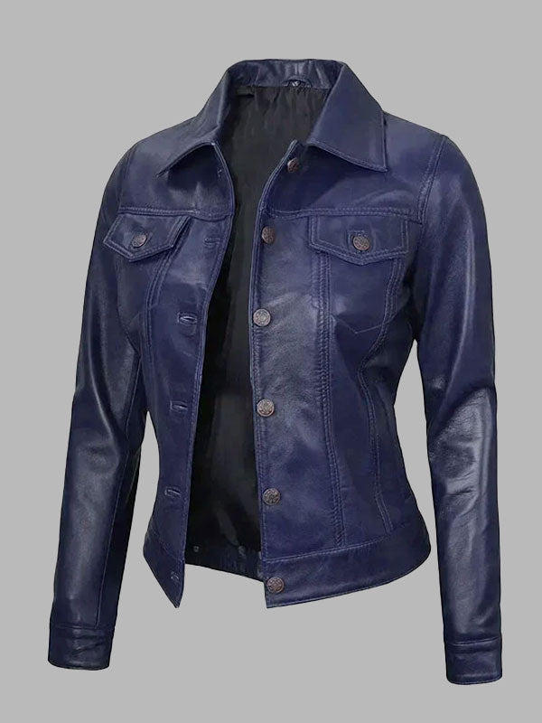 Women's Royal Blue Leather Trucker Jacket
