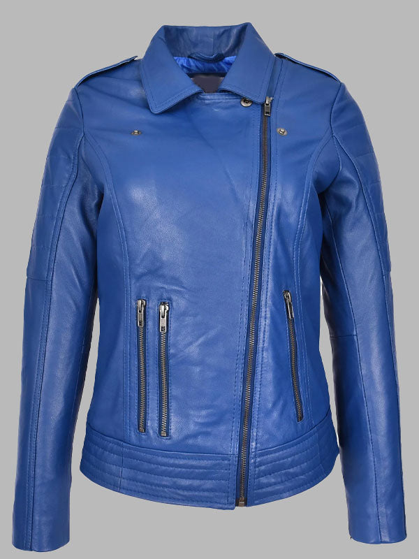 Womens Real Leather Biker Jacket Cross Zip Style Pam Blue