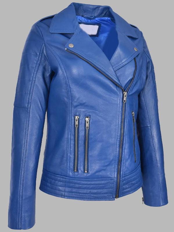 Womens Real Leather Biker Jacket Cross Zip Style Pam Blue
