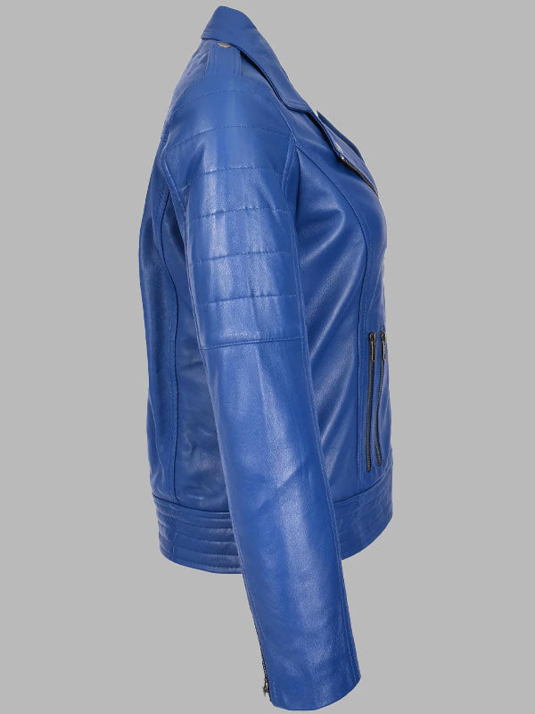 Womens Real Leather Biker Jacket Cross Zip Style Pam Blue