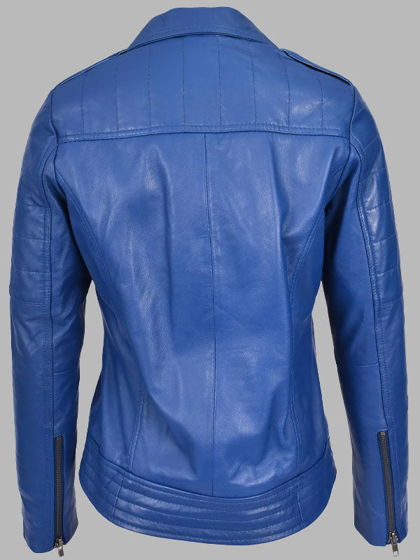 Womens Real Leather Biker Jacket Cross Zip Style Pam Blue