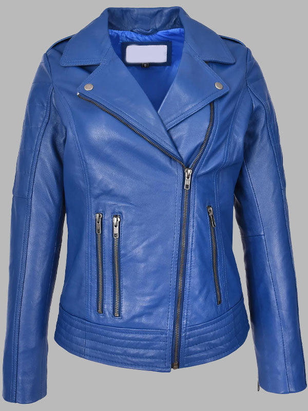 Womens Real Leather Biker Jacket Cross Zip Style Pam Blue