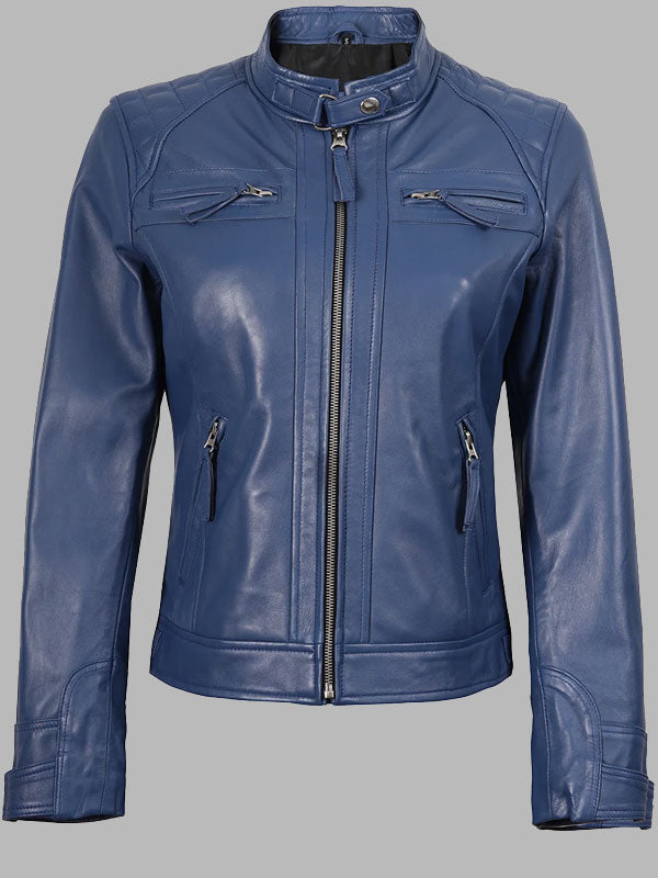 Women Blue Diamond Cafe Racer Real Leather Jacket