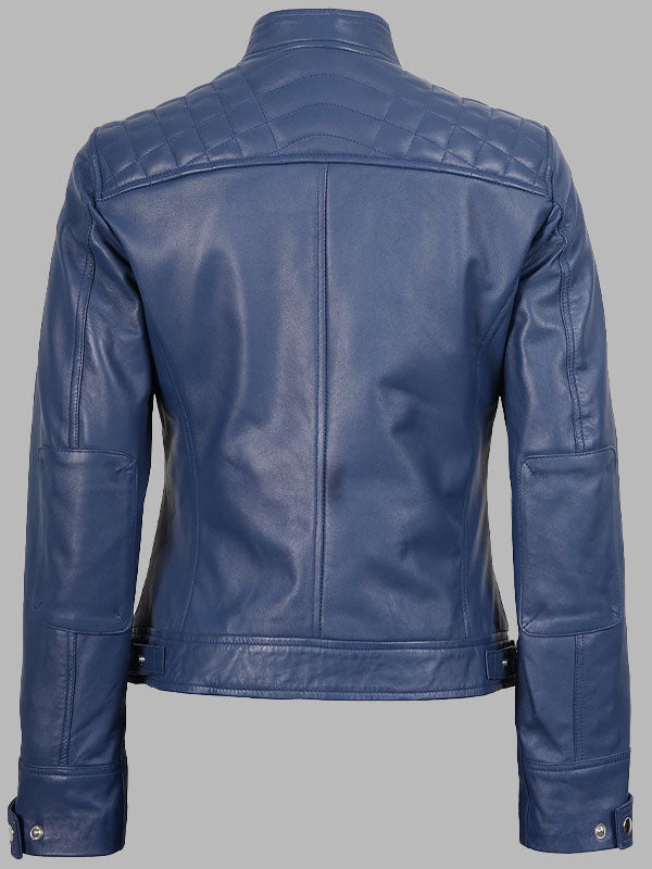 Women Blue Diamond Cafe Racer Real Leather Jacket