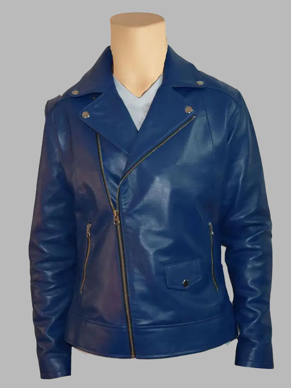 Blue Leather Biker Jacket