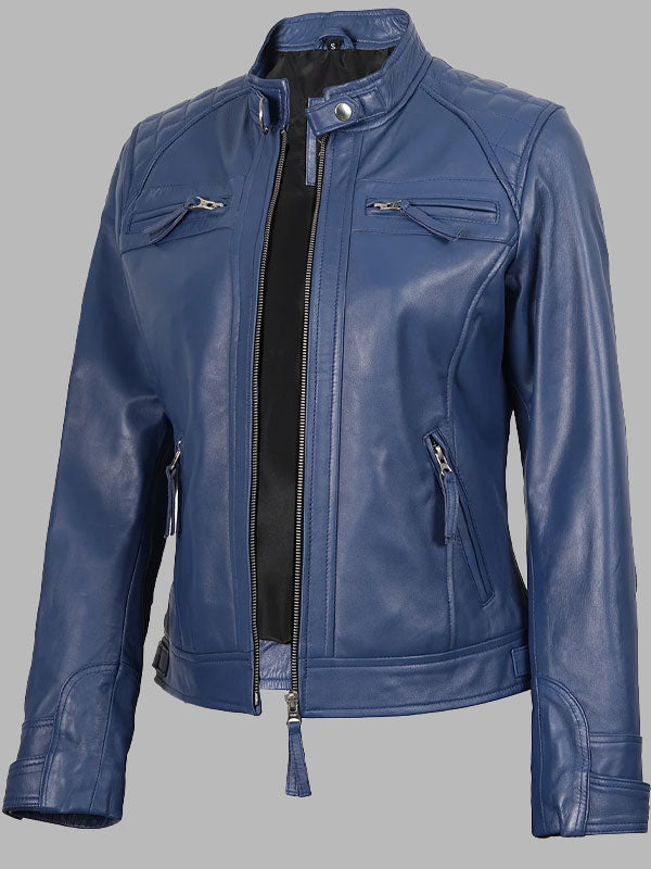 Women Blue Diamond Cafe Racer Real Leather Jacket