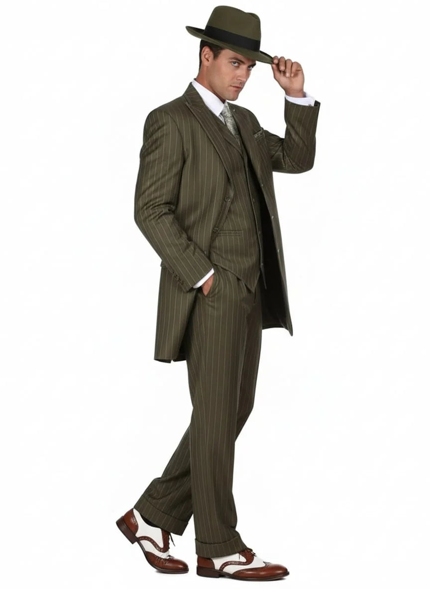 Mens Olive Green Pinstripe Zoot Suit