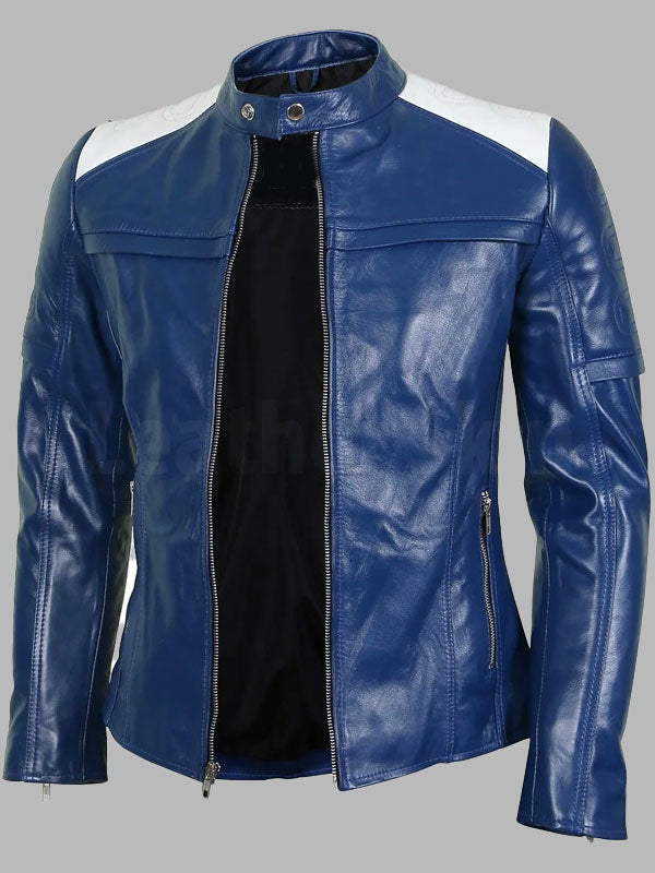 Blue Leather Biker Jacket