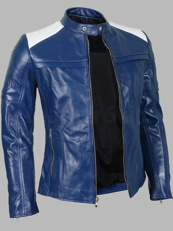 Blue Leather Biker Jacket