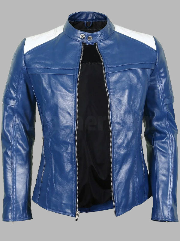 Blue Leather Biker Jacket