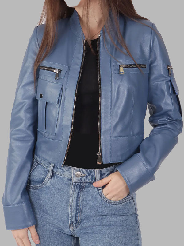 Lucy Womens Blue Leather Biker Jacket