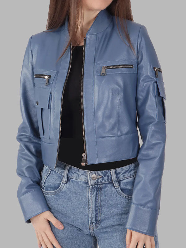 Lucy Womens Blue Leather Biker Jacket