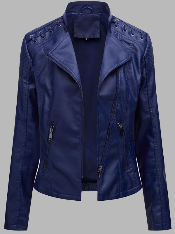 Women Slim Fit Leather Jacket Thin Lapel Collar Motorcycle Jacket