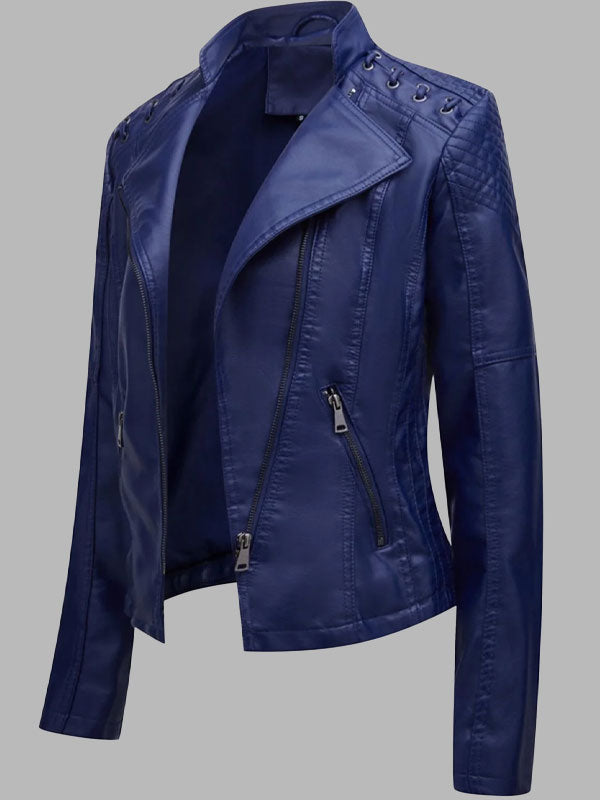 Women Slim Fit Leather Jacket Thin Lapel Collar Motorcycle Jacket