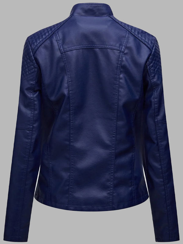 Women Slim Fit Leather Jacket Thin Lapel Collar Motorcycle Jacket