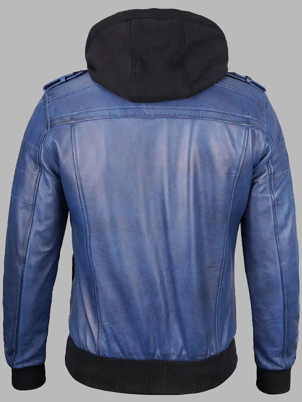 Men's Blue Leather Bomber Jacket