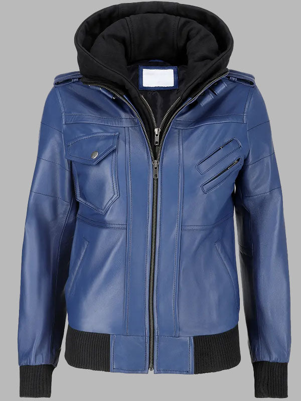 Christina Women’s Blue Leather Bomber Jacket with Removable Hoodie