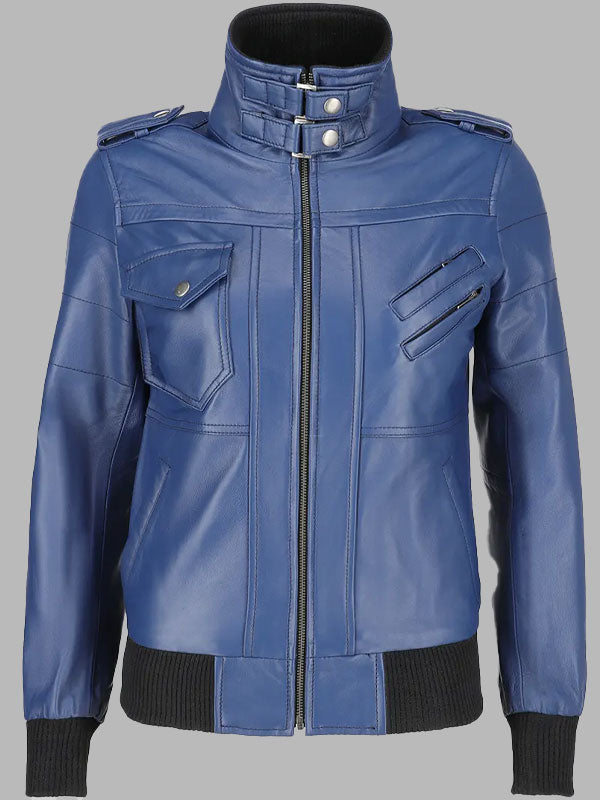 Christina Women’s Blue Leather Bomber Jacket with Removable Hoodie