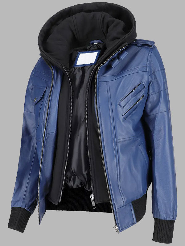 Christina Women’s Blue Leather Bomber Jacket with Removable Hoodie