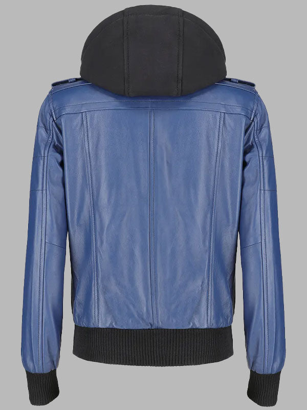 Christina Women’s Blue Leather Bomber Jacket with Removable Hoodie