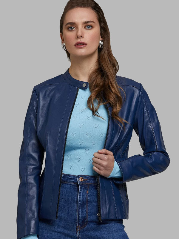 Jordyn Woods Women’s 100% Real Navy Blue Leather Classic Jacket