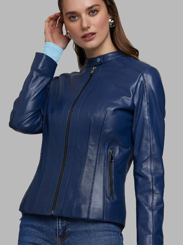 Jordyn Woods Women’s 100% Real Navy Blue Leather Classic Jacket