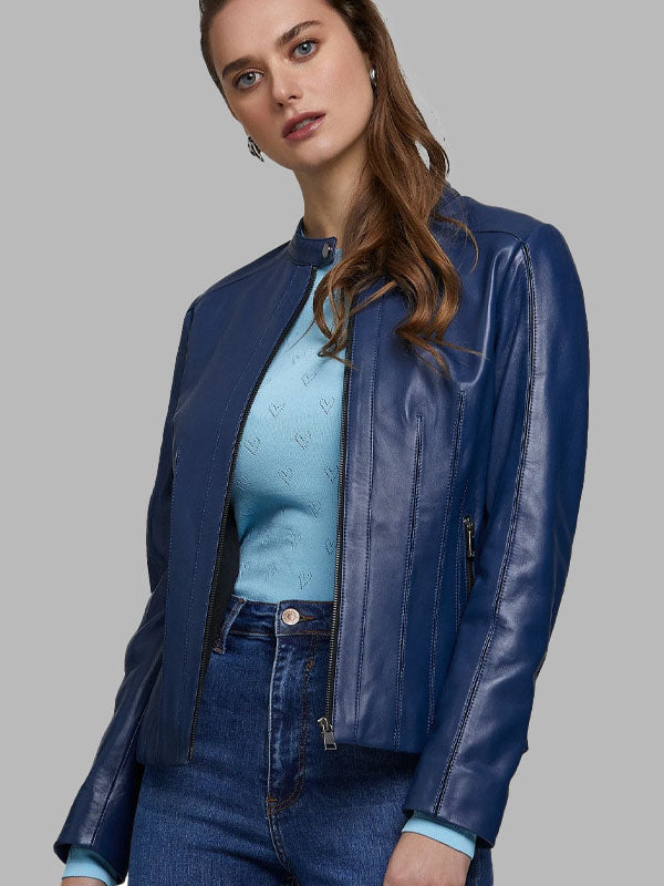 Jordyn Woods Women’s 100% Real Navy Blue Leather Classic Jacket