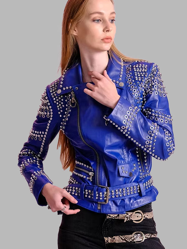 Stony Women's Blue Studded Leather Jacket