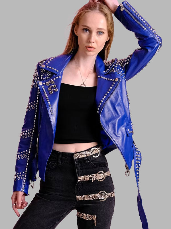 Stony Women's Blue Studded Leather Jacket