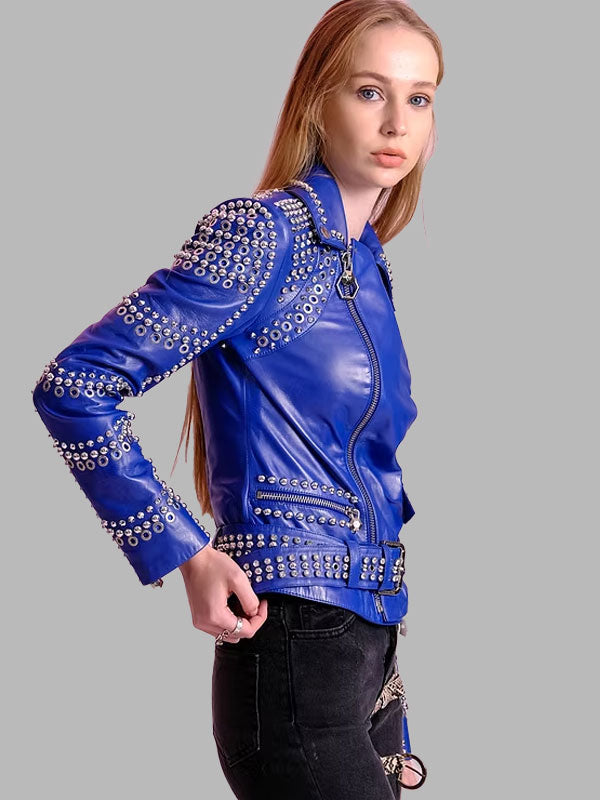 Stony Women's Blue Studded Leather Jacket