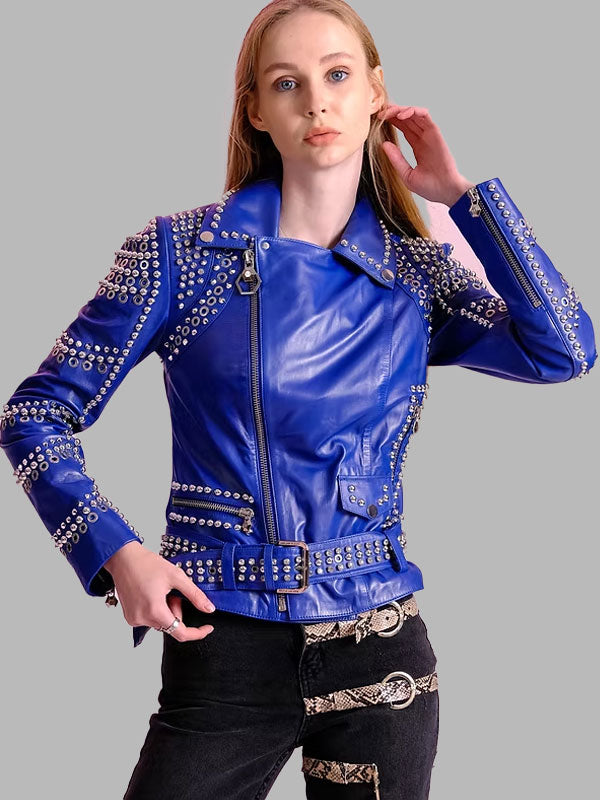 Stony Women's Blue Studded Leather Jacket
