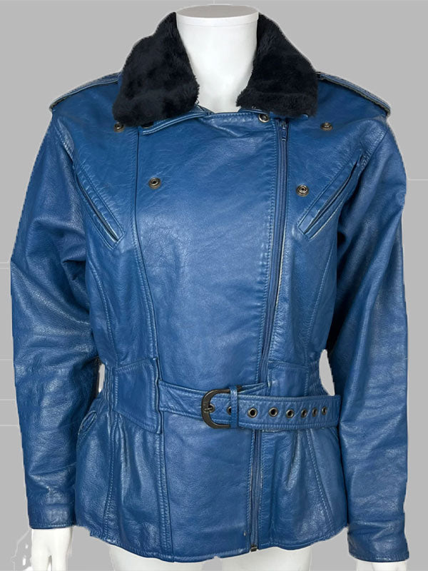 Vintage 1980s Blue Leather Jacket Motorcycle Style Ladies