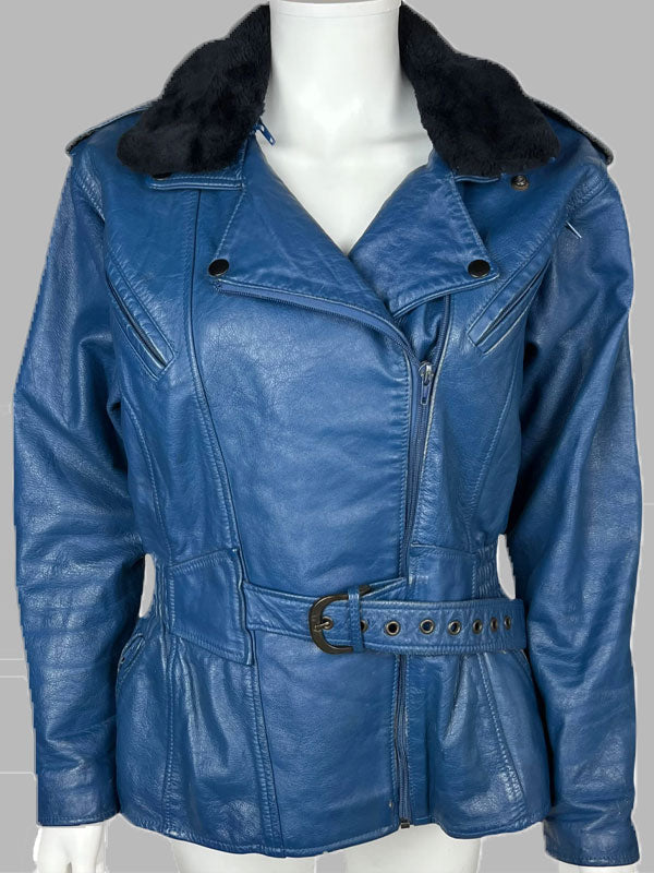 Vintage 1980s Blue Leather Jacket Motorcycle Style Ladies