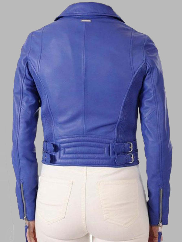 Womens Blue Classic Motorcycle Leather Jacket