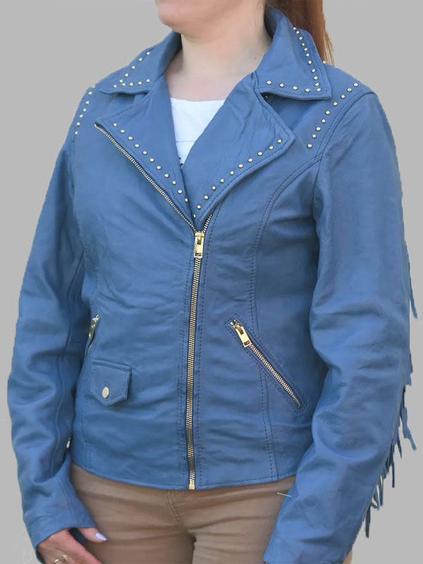 Women's Studded Leather Jacket with Removable Fringe
