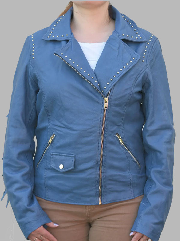 Women's Studded Leather Jacket with Removable Fringe