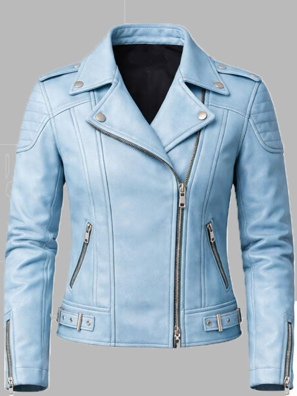 Women Lambskin Leather Jacket Biker Motorcycle Sky Blue Jeans style Jacket