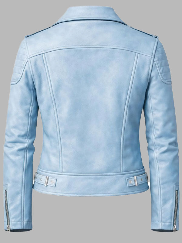 Women Lambskin Leather Jacket Biker Motorcycle Sky Blue Jeans style Jacket
