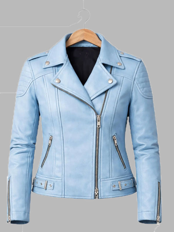 Women Lambskin Leather Jacket Biker Motorcycle Sky Blue Jeans style Jacket