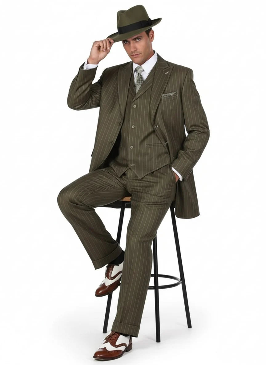 Mens Olive Green Pinstripe Zoot Suit
