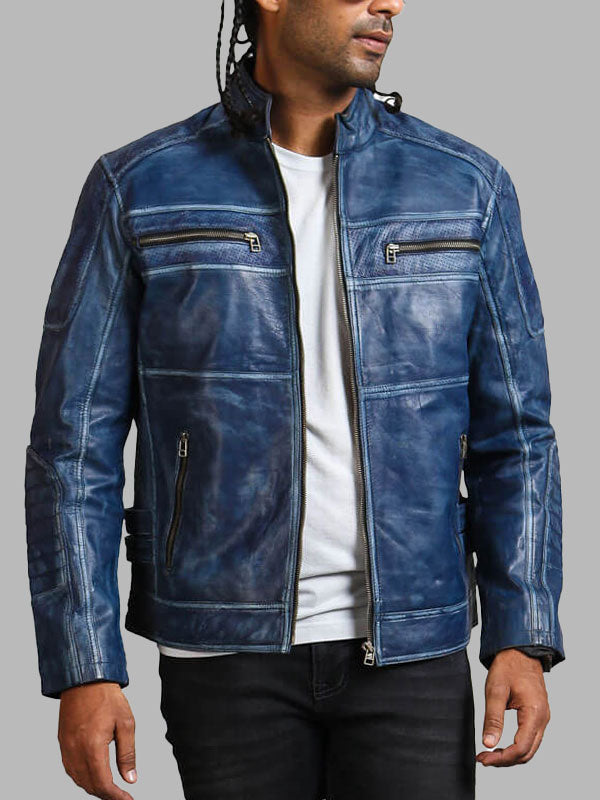 Men's Biker Blue Leather Jacket
