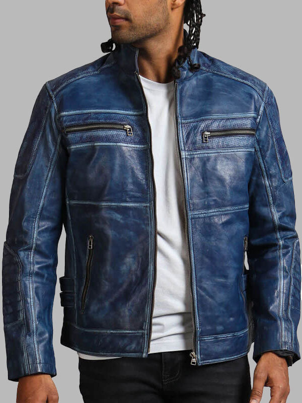 Men's Biker Blue Leather Jacket
