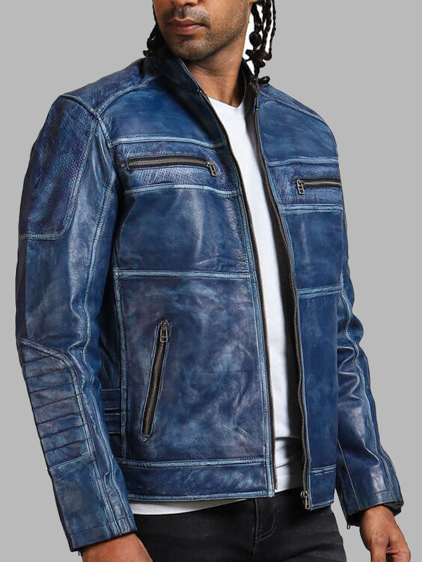 Men's Biker Blue Leather Jacket