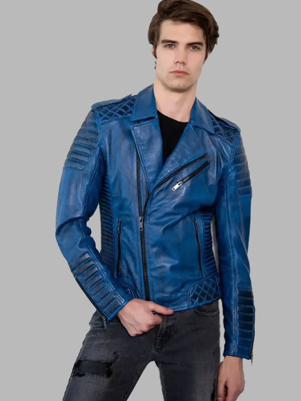 Mens Quilted Blue Leather Motorcycle Jacket