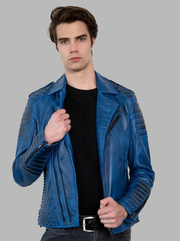 Mens Quilted Blue Leather Motorcycle Jacket